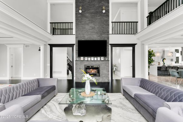 Dining room, Fireplace, Interior, Living room, Pendant Lights, Stone Walls, Wood Texture Flooring
