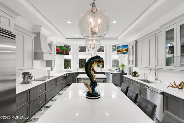 Chandelier, Interior, Kitchen, Pendant Lights, Recessed Lighting, Stainless Steel Appliances, Wood Texture Flooring