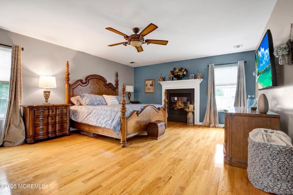 Bedroom, Fireplace, Interior, Wood Texture Flooring