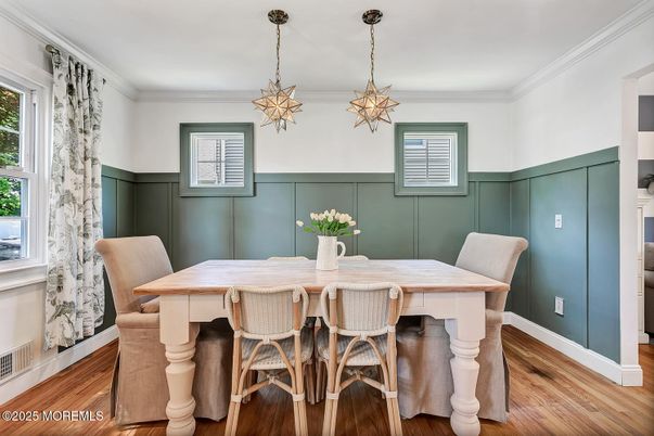 Dining room, Interior, Pendant Lights, Wood Texture Flooring