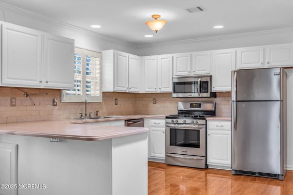 Interior, Kitchen, Recessed Lighting, Stainless Steel Appliances, Wood Texture Flooring