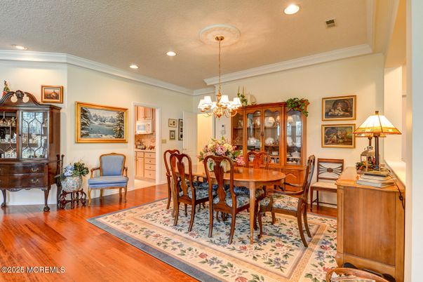 Chandelier, Dining room, Interior, Recessed Lighting, Wood Texture Flooring