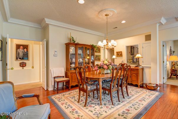 Chandelier, Dining room, Interior, Recessed Lighting, Wood Texture Flooring