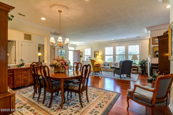 Chandelier, Dining room, Interior, Living room, Recessed Lighting, Wood Texture Flooring