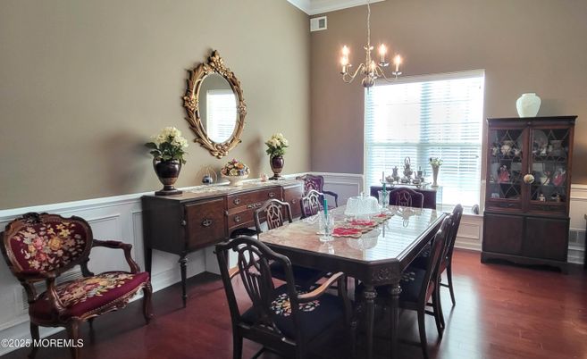 Chandelier, Dining room, Interior, Wood Texture Flooring