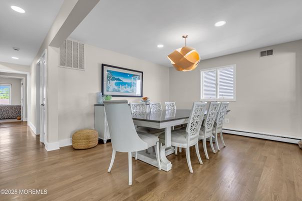 Dining room, Interior, Pendant Lights, Recessed Lighting, Wood Texture Flooring