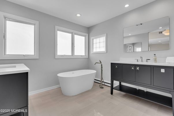 Bathroom, Dual Sink Vanities, Free Standing Baths, Interior, Recessed Lighting