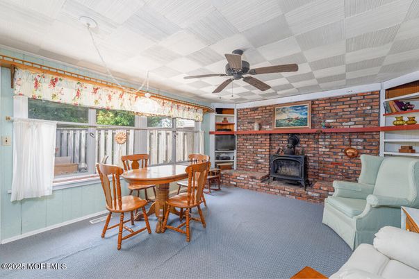 Dining room, Fireplace, Interior, Pendant Lights, Stone Walls