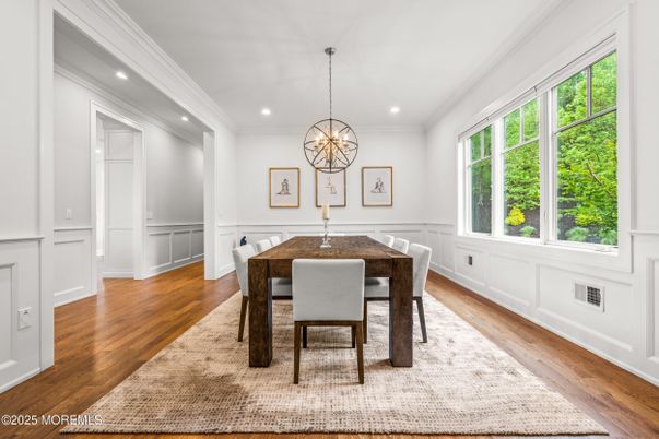 Dining room, Interior, Pendant Lights, Recessed Lighting, Wood Texture Flooring