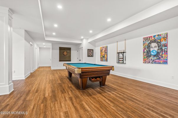 Billiard Table, Game Room, Interior, Recessed Lighting, Wood Texture Flooring