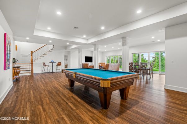 Billiard Table, Game Room, Interior, Recessed Lighting, Wood Texture Flooring