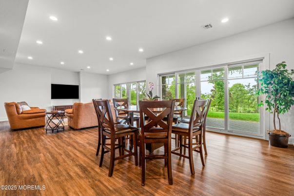 Dining room, Interior, Living room, Recessed Lighting, Wood Texture Flooring