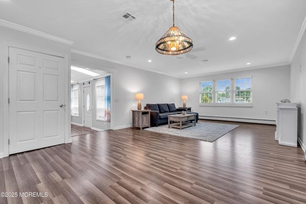 Interior, Living room, Pendant Lights, Recessed Lighting, Wood Texture Flooring
