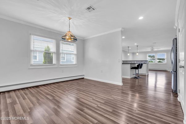 Empty room, Interior, Pendant Lights, Recessed Lighting, Wood Texture Flooring