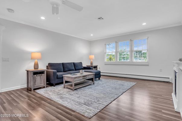Fireplace, Interior, Living room, Recessed Lighting, Wood Texture Flooring