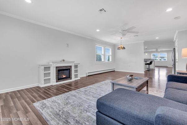 Fireplace, Interior, Living room, Pendant Lights, Recessed Lighting, Wood Texture Flooring