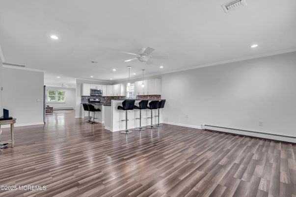 Empty room, Interior, Kitchen, Recessed Lighting, Wood Texture Flooring