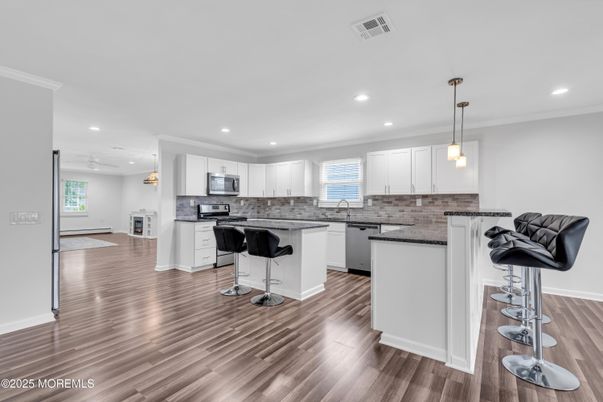 Interior, Kitchen, Pendant Lights, Recessed Lighting, Stainless Steel Appliances, Wood Texture Flooring