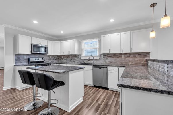 Interior, Kitchen, Pendant Lights, Recessed Lighting, Stainless Steel Appliances, Wood Texture Flooring