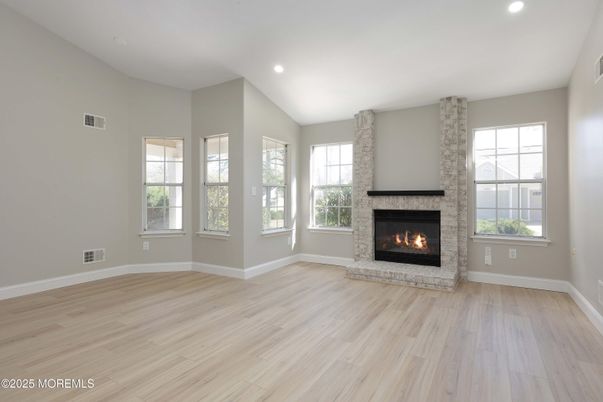 Empty room, Fireplace, Interior, Recessed Lighting, Wood Texture Flooring