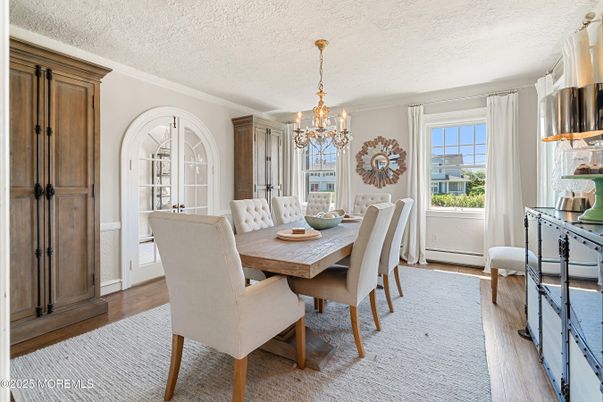Chandelier, Dining room, Interior, Wood Texture Flooring