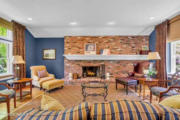 Fireplace, Interior, Living room, Recessed Lighting, Stone Walls