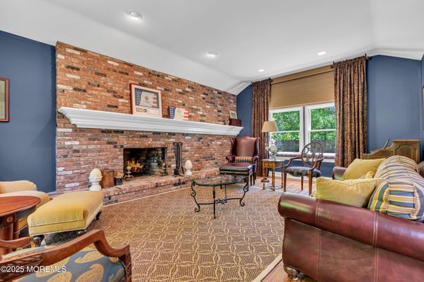Fireplace, Interior, Living room, Recessed Lighting, Stone Walls