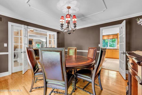 Chandelier, Dining room, Interior, Wood Texture Flooring