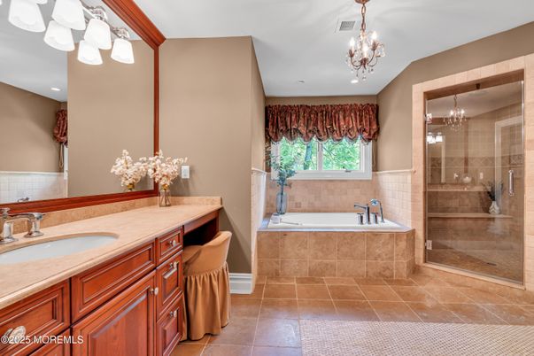 Bathroom, Chandelier, Glass Shower, Interior, Recessed Lighting