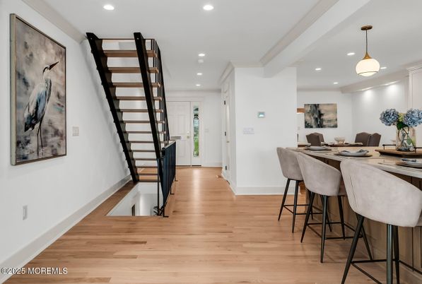 Dining room, Interior, Pendant Lights, Recessed Lighting, Wood Texture Flooring