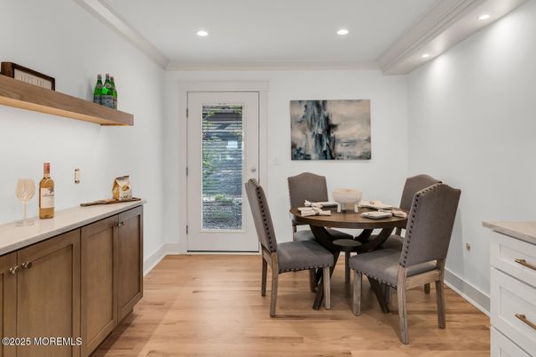 Dining room, Interior, Recessed Lighting, Wood Texture Flooring