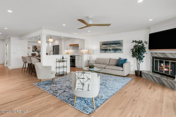 Dining room, Fireplace, Interior, Kitchen, Living room, Pendant Lights, Recessed Lighting, Wood Texture Flooring