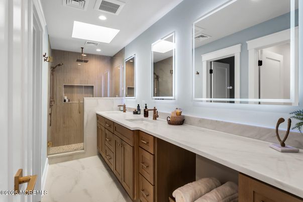 Bathroom, Dual Sink Vanities, Glass Shower, Interior, Marble, Recessed Lighting