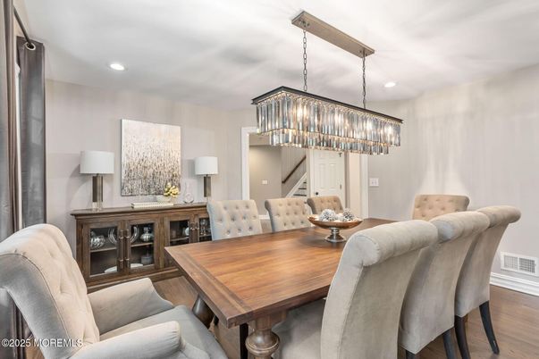 Chandelier, Dining room, Interior, Recessed Lighting, Wood Texture Flooring