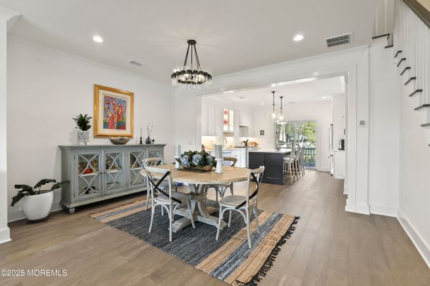Dining room, Interior, Pendant Lights, Recessed Lighting, Wood Texture Flooring