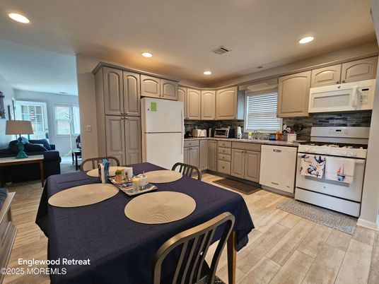 Dining room, Interior, Kitchen, Living room, Recessed Lighting, Wood Texture Flooring