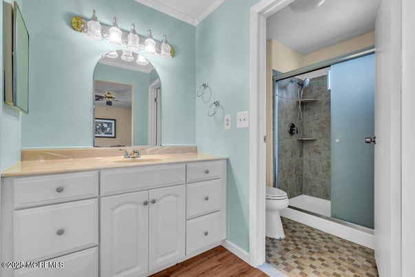 Bathroom, Glass Shower, Interior, Wood Texture Flooring