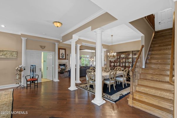 Chandelier, Dining room, Fireplace, Interior, Recessed Lighting, Wood Texture Flooring