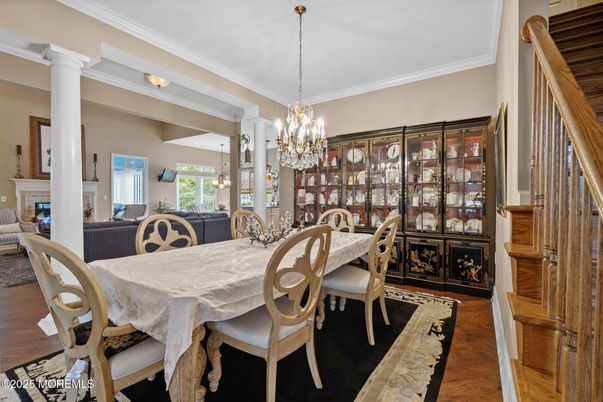 Chandelier, Dining room, Fireplace, Interior, Wood Texture Flooring