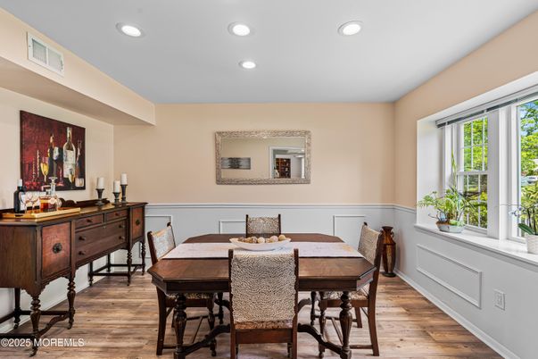 Dining room, Interior, Recessed Lighting, Wood Texture Flooring