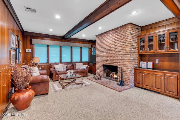 Fireplace, Interior, Living room, Recessed Lighting, Stone Walls, Wooden Beams, Wooden Walls