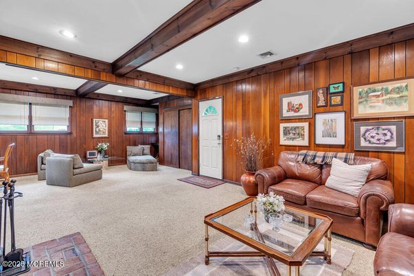 Interior, Living room, Recessed Lighting, Wooden Beams, Wooden Walls