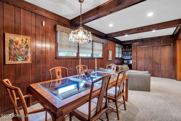 Dining room, Interior, Pendant Lights, Recessed Lighting, Wooden Beams, Wooden Walls