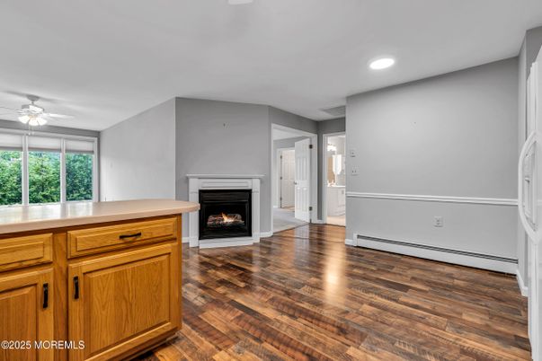 Empty room, Fireplace, Interior, Recessed Lighting, Wood Texture Flooring