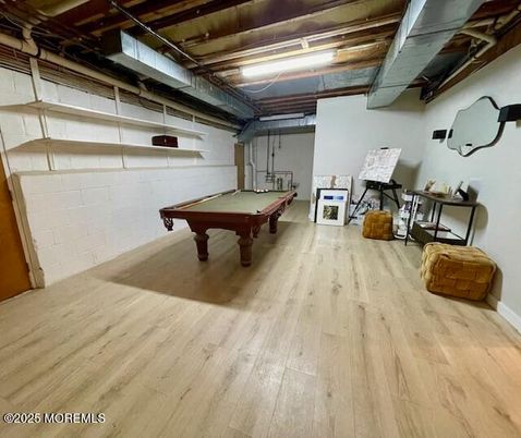 Billiard Table, Game Room, Interior, Stone Walls, Wood Texture Flooring