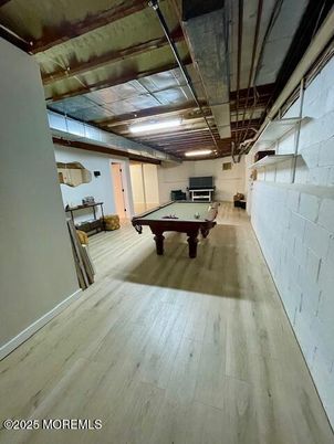 Billiard Table, Game Room, Interior, Stone Walls, Wood Texture Flooring