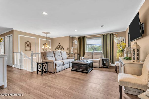 Chandelier, Interior, Living room, Recessed Lighting, Wood Texture Flooring