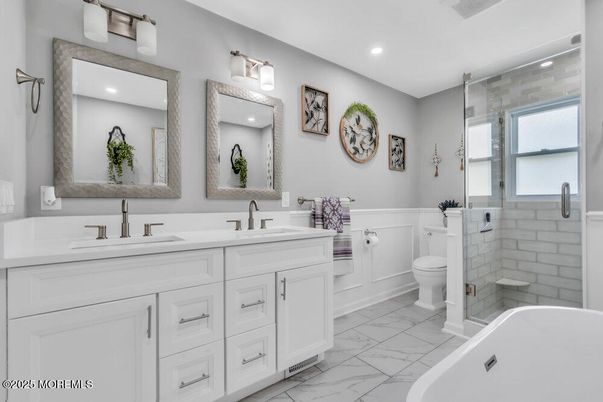 Bathroom, Dual Sink Vanities, Glass Shower, Interior, Marble, Recessed Lighting