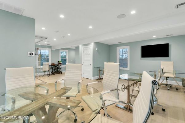 Dining room, Interior, Living room, Recessed Lighting, Wood Texture Flooring