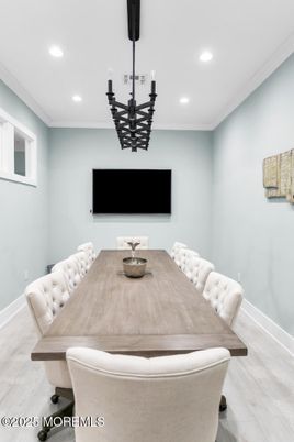 Dining room, Interior, Pendant Lights, Recessed Lighting, Wood Texture Flooring